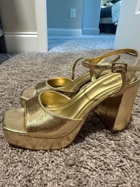 Metallic Gold Platform Block Heel Sandals with Ankle Strap